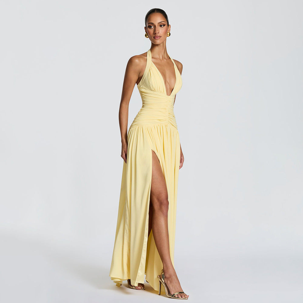Womens Deep V Neck Backless Pleated Dress