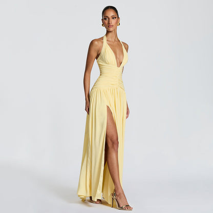 Womens Deep V Neck Backless Pleated Dress