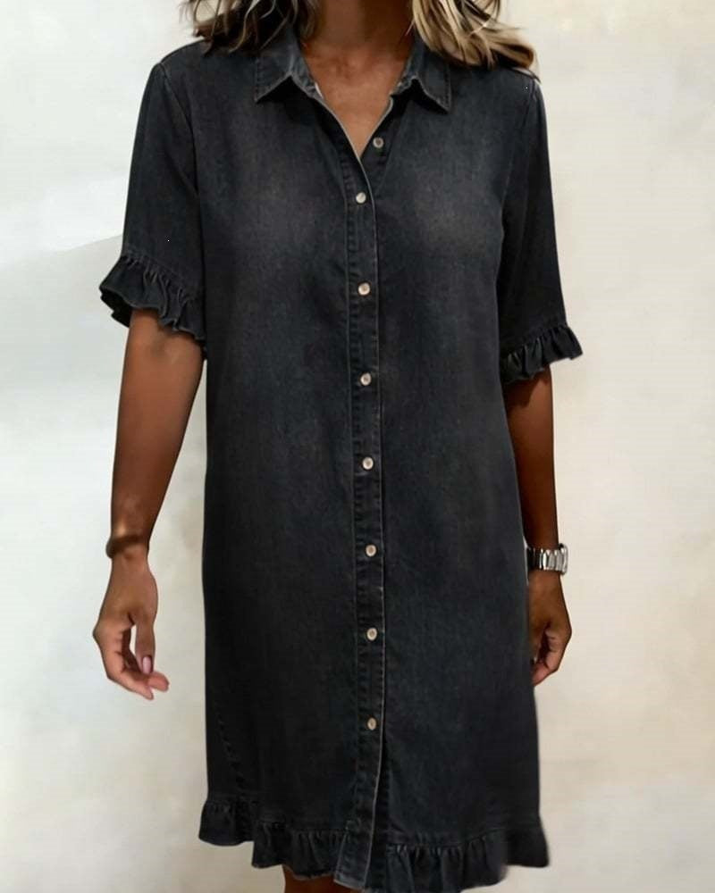 Womens Relaxed Denim Dress with Ruffles