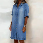 Womens Relaxed Denim Dress with Ruffles