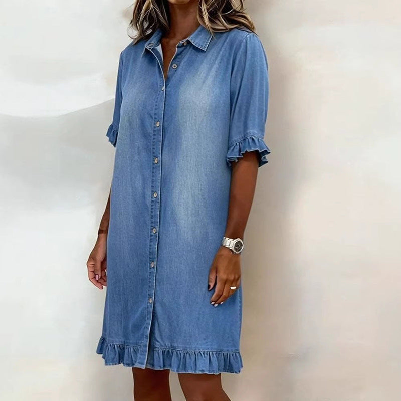 Womens Relaxed Denim Dress with Ruffles