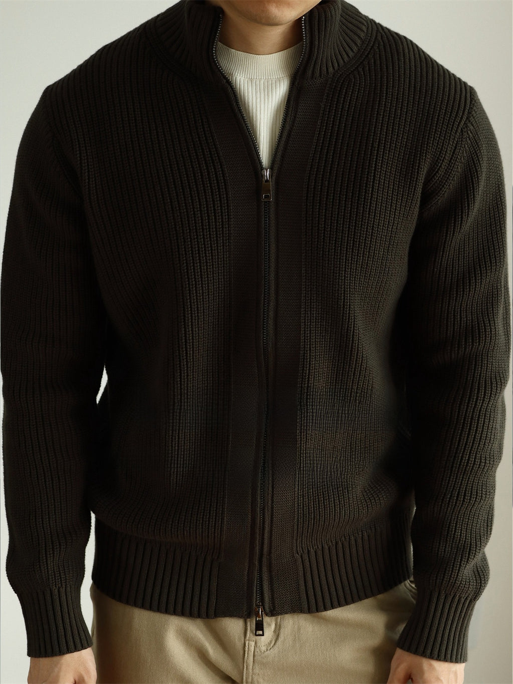 Heavy-Duty Combed Cotton Zip-Up Knit Sweater