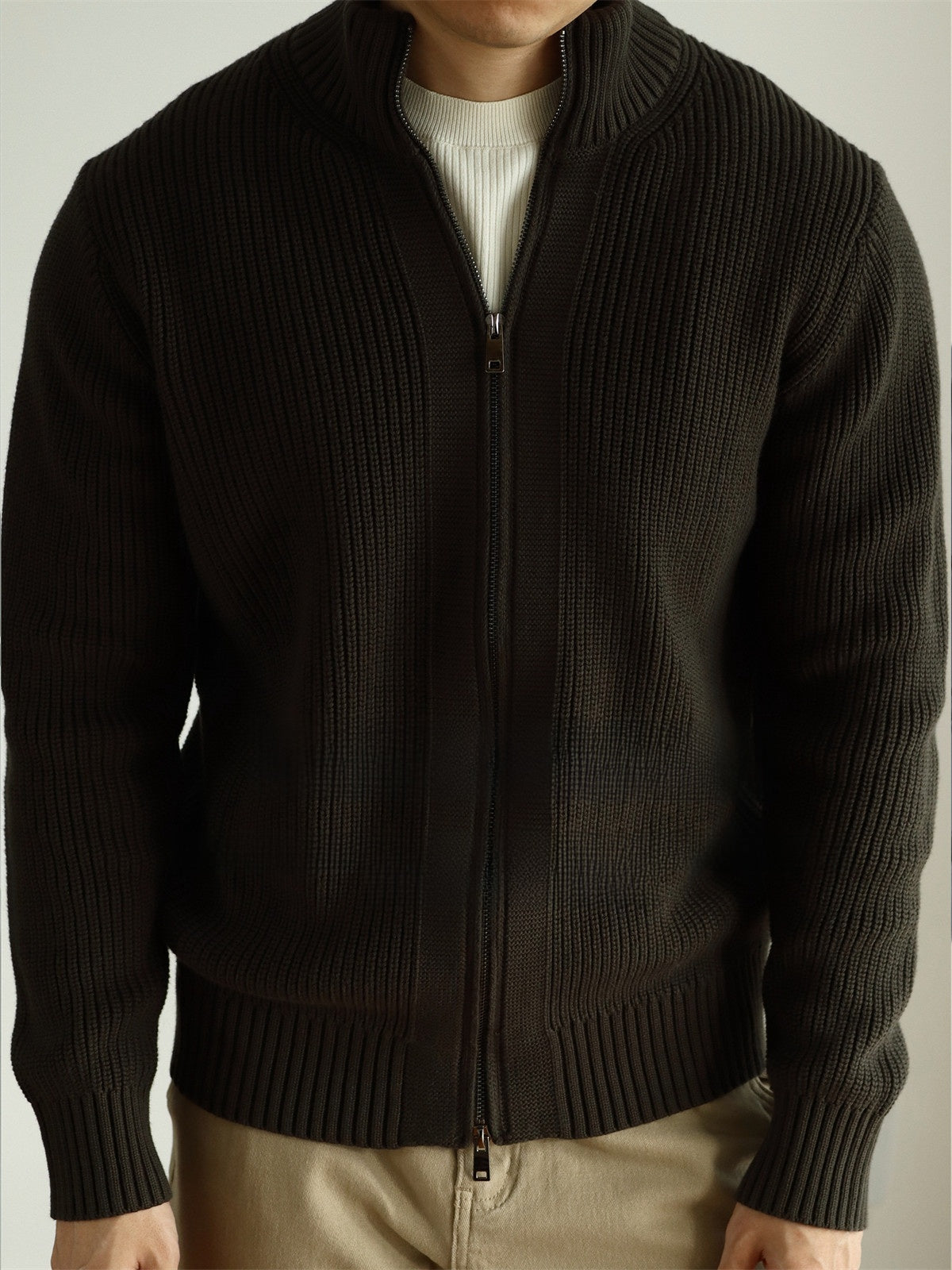 Heavy-Duty Combed Cotton Zip-Up Knit Sweater