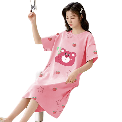 Women's Summer Milk Silk Nightgown, Cartoon Short Sleeve Sleep Dress, Plus Size Pajamas