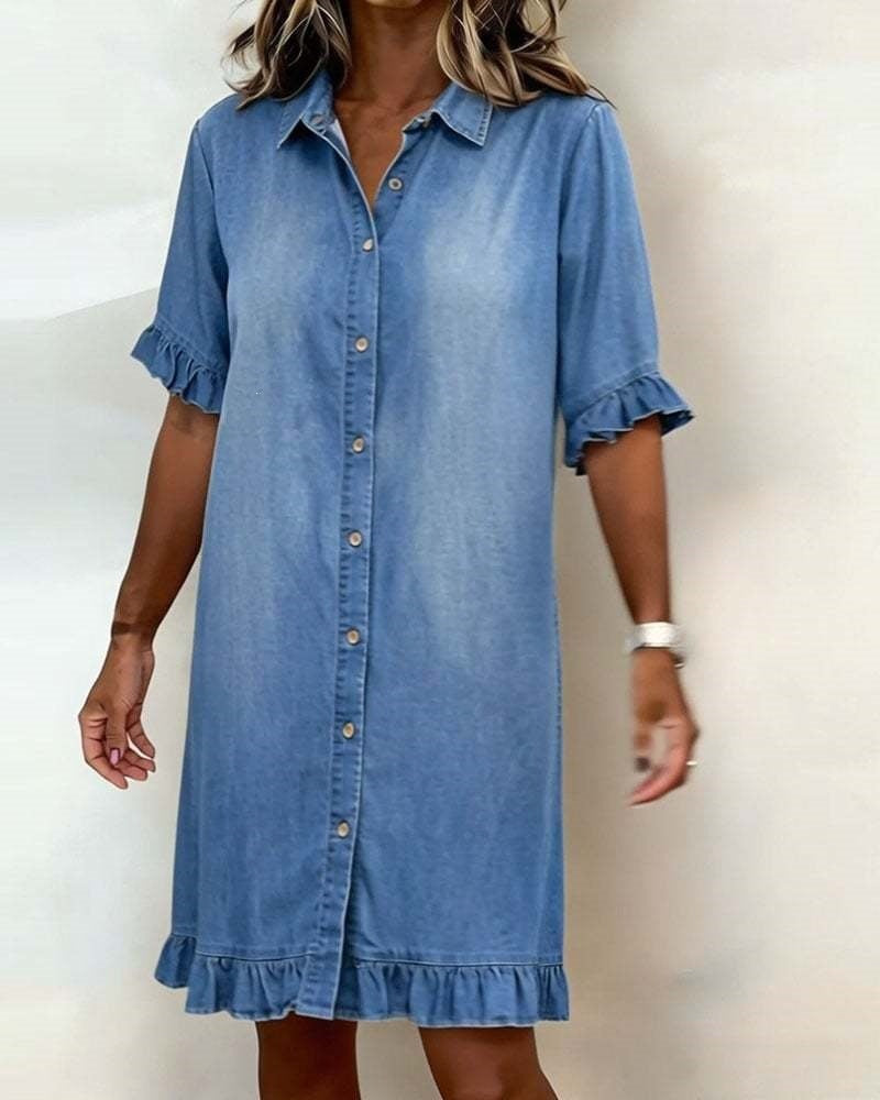 Womens Relaxed Denim Dress with Ruffles