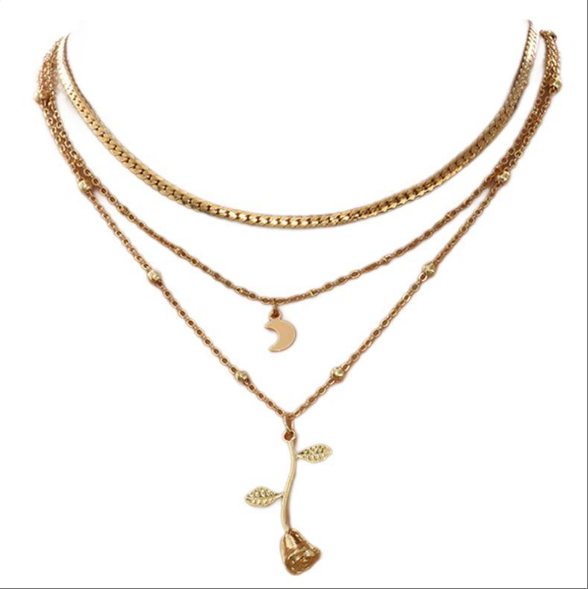Bohemia Multilayer Moon Gold Color Pendant Necklaces For Women Rose Flower Choker Necklace 2025 Fashion Jewelry Party Gift Valentine's Day Gifts
