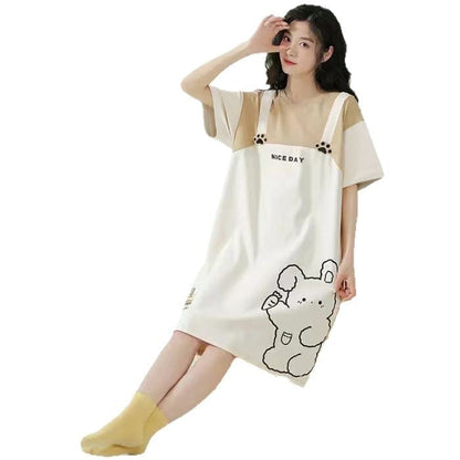 Women's Summer Milk Silk Nightgown, Cartoon Short Sleeve Sleep Dress, Plus Size Pajamas