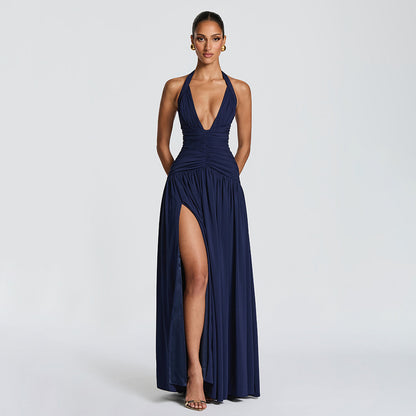 Womens Deep V Neck Backless Pleated Dress