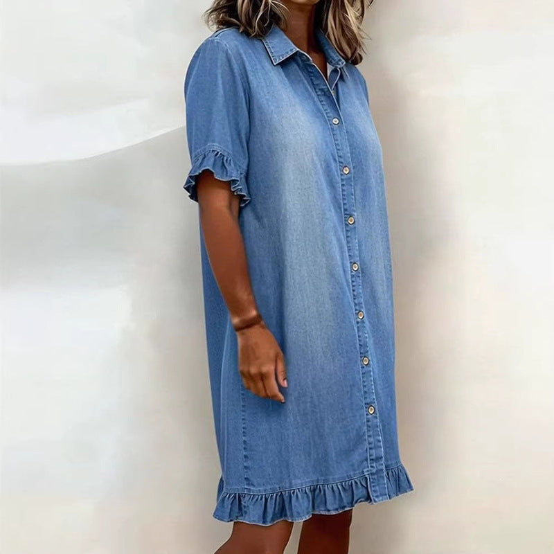 Womens Relaxed Denim Dress with Ruffles