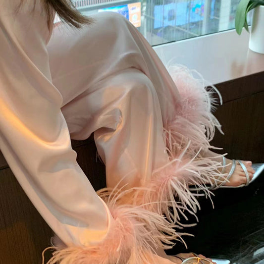 Women's Ice Silk Pajamas Set with Feather Detail