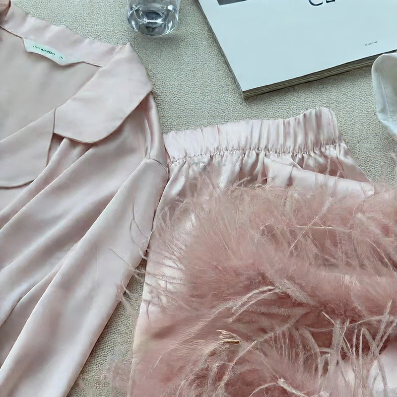 Women's Ice Silk Pajamas Set with Feather Detail