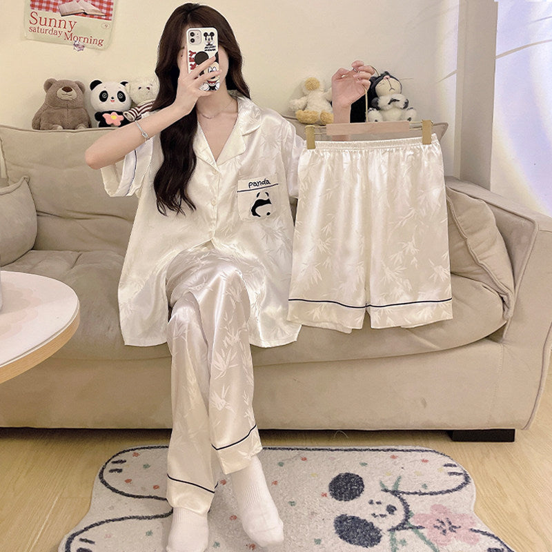 Chinese Style Panda Ice Silk Women Pajamas Set
