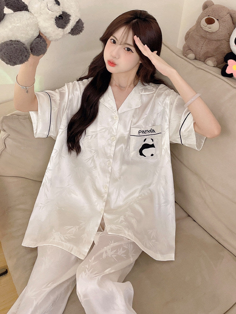 Chinese Style Panda Ice Silk Women Pajamas Set
