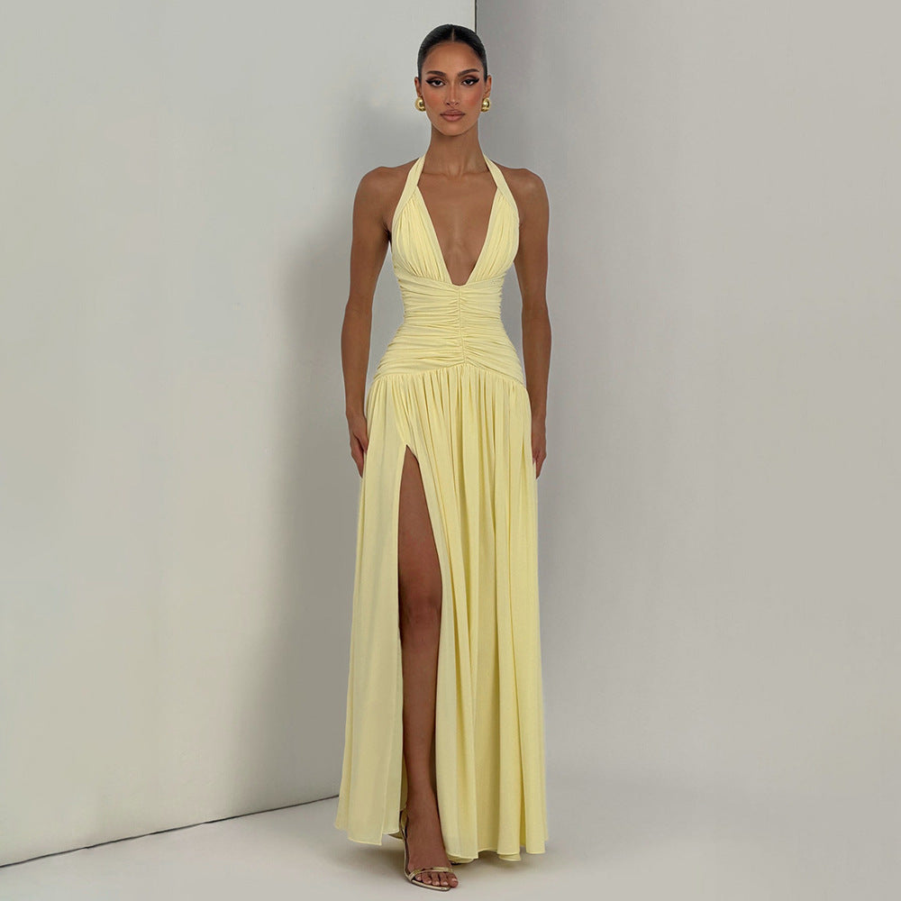 Womens Deep V Neck Backless Pleated Dress