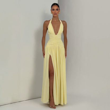 Womens Deep V Neck Backless Pleated Dress