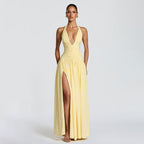 Womens Deep V Neck Backless Pleated Dress