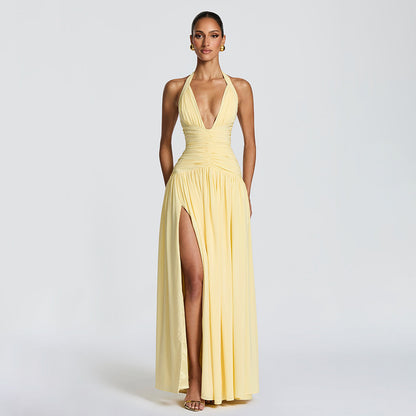 Womens Deep V Neck Backless Pleated Dress