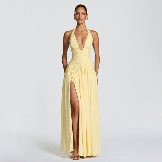 Womens Deep V Neck Backless Pleated Dress