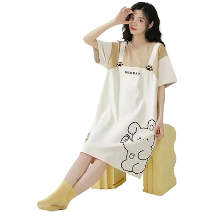 Women's Summer Milk Silk Nightgown, Cartoon Short Sleeve Sleep Dress, Plus Size Pajamas