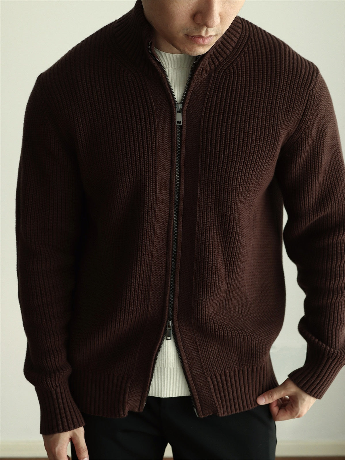 Heavy-Duty Combed Cotton Zip-Up Knit Sweater
