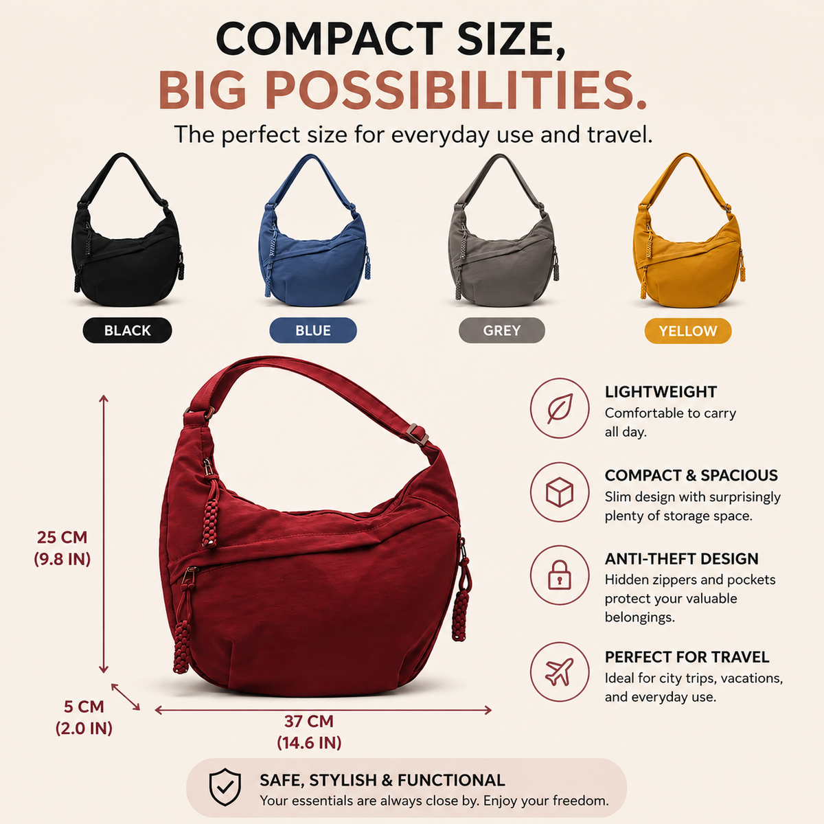A product infographic for a compact hobo-style shoulder bag. The main subject is a red bag with dimensions labeled (25 cm height, 37 cm width, 5 cm depth), alongside four smaller color variants in black, blue, grey, and yellow.