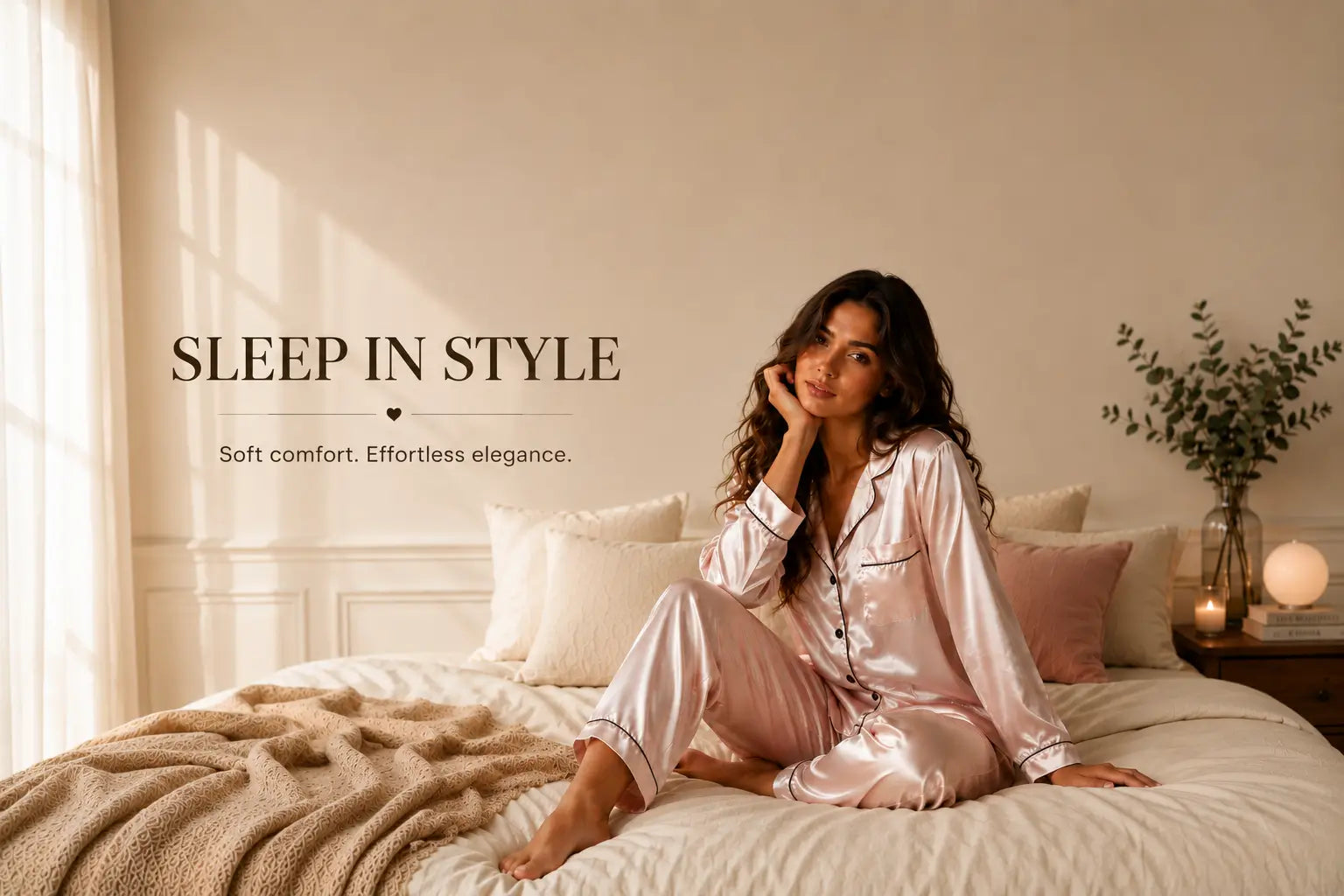 A woman sits on a bed wearing shiny pale pink pajama set with a satin-like finish. The scene is a softly lit bedroom with cream bedding, pillows, a blanket, and decorative text reading 'SLEEP IN STYLE' on the left wall.