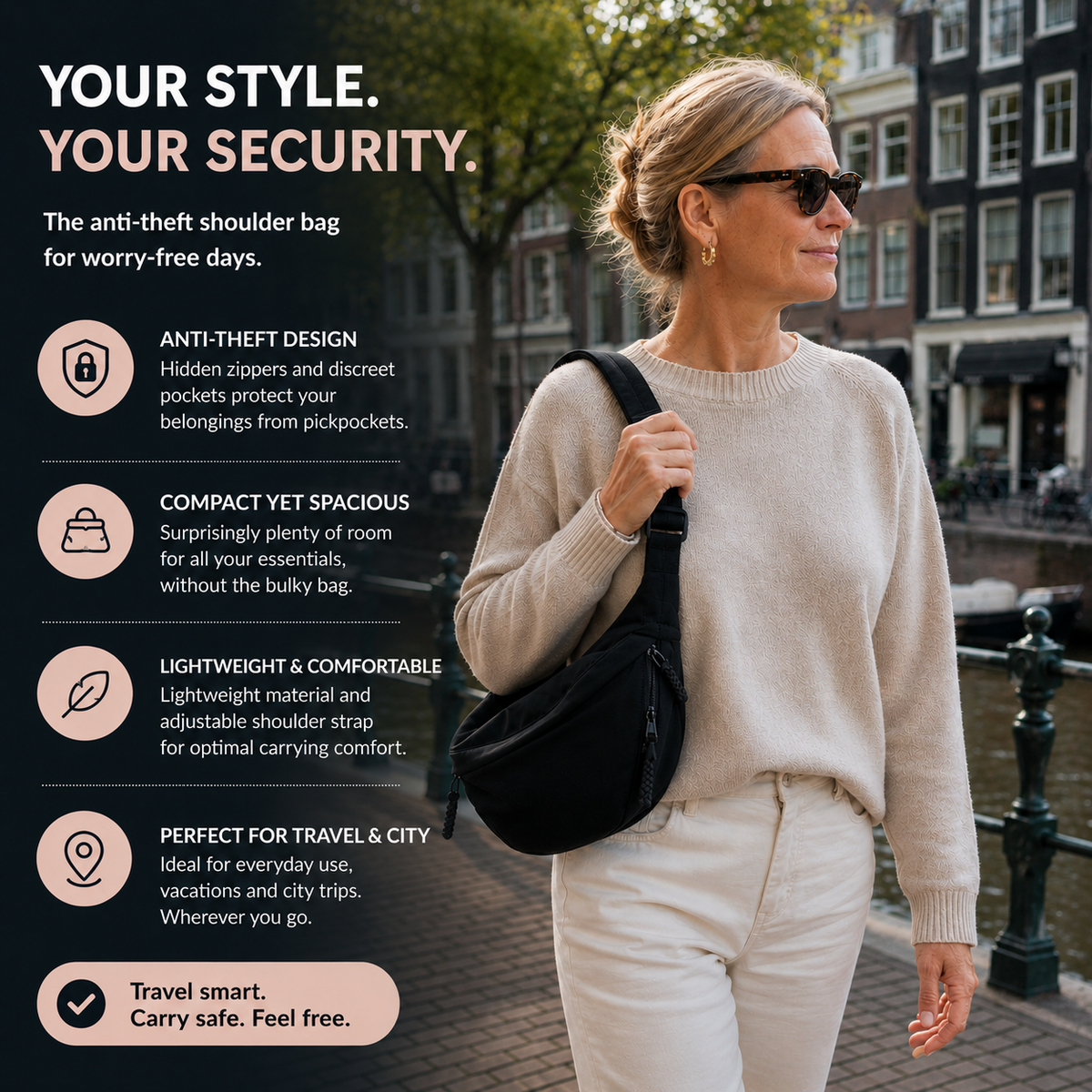 A woman walking along a canal-side street wearing a black anti-theft shoulder bag over a cream sweater and white pants, with promotional text on the left highlighting the bag's security features.
