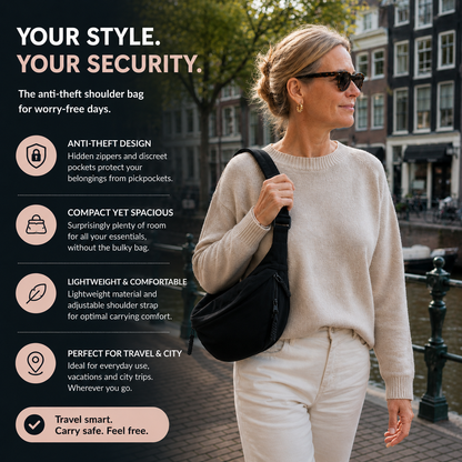 A woman walking along a canal-side street wearing a black anti-theft shoulder bag over a cream sweater and white pants, with promotional text on the left highlighting the bag's security features.