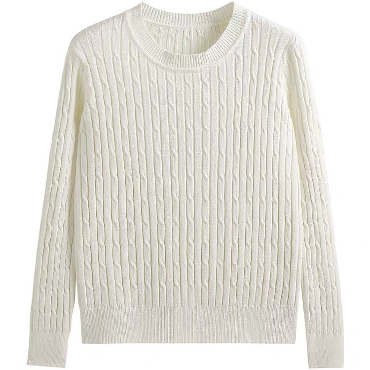 An off-white cable-knit crewneck sweater with long sleeves, ribbed collar, cuffs, and hem, displayed on a solid white background.