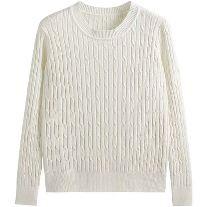 An off-white cable-knit crewneck sweater with long sleeves, ribbed collar, cuffs, and hem, displayed on a solid white background.
