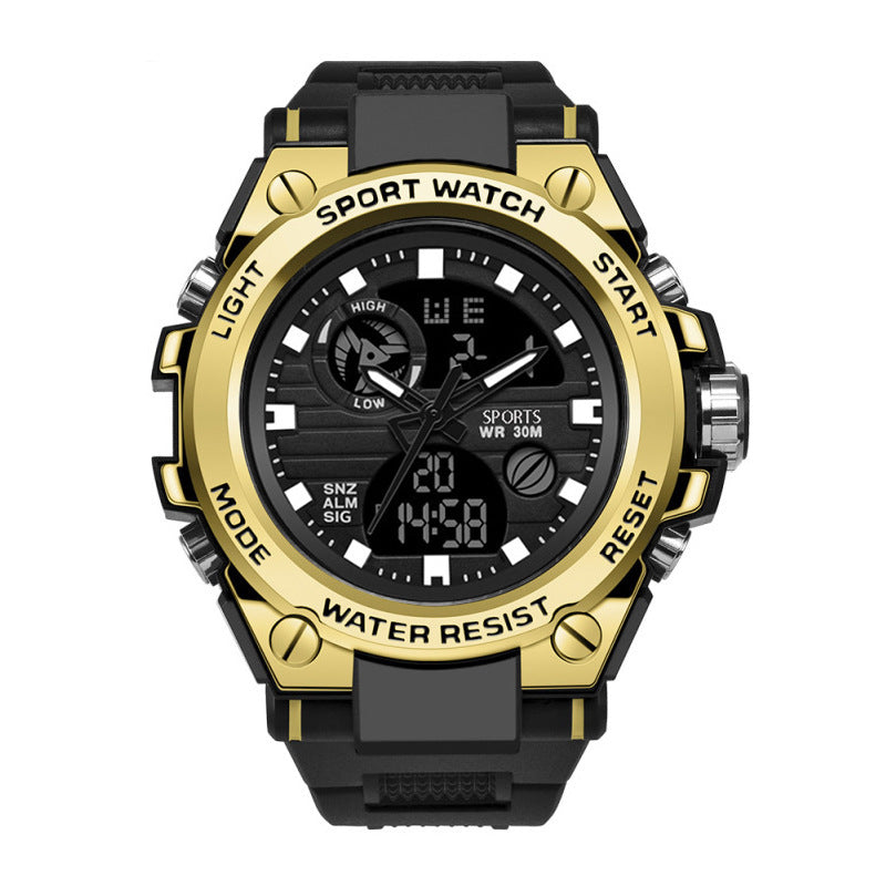 Black and gold sport watch with digital display on a white background