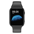 Black smartwatch with a blue display on a white background