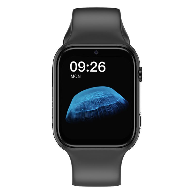 Black smartwatch with a blue display on a white background