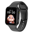 Black smartwatch with a cartoon character on the screen against a white background