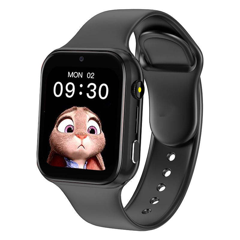 Black smartwatch with a cartoon character on the screen against a white background