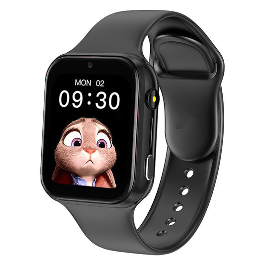 Black smartwatch with a cartoon character on the screen against a white background