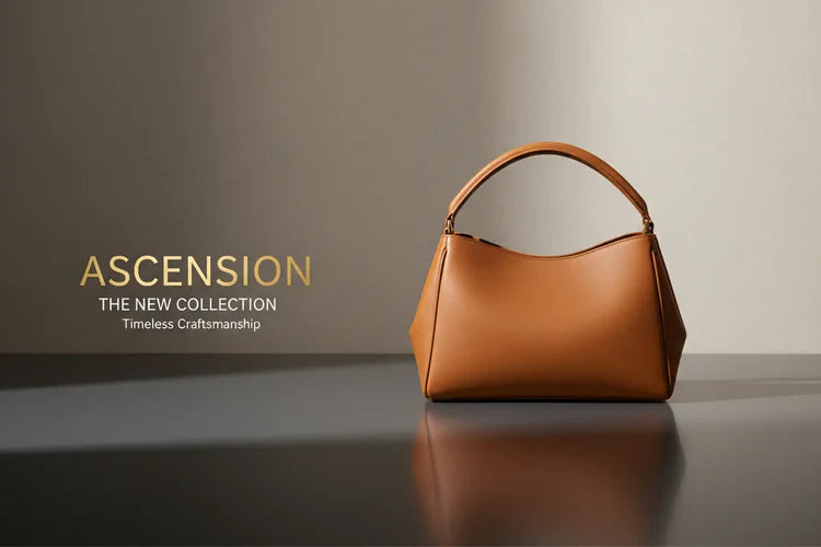 Brown handbag on a reflective surface with 'Ascension' branding in the background
