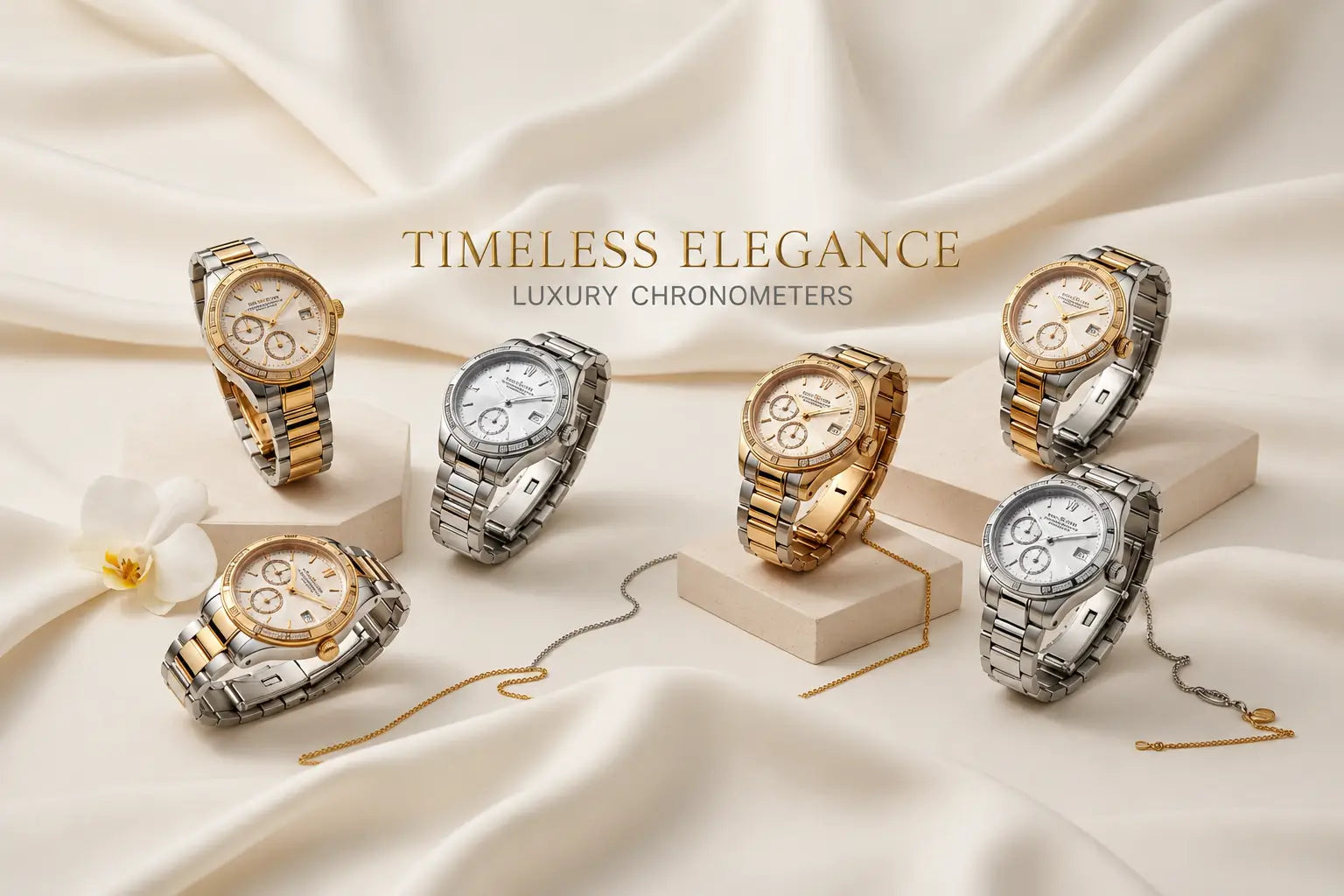 Collection of luxury watches on a beige fabric background with 'Timeless Elegance' text.