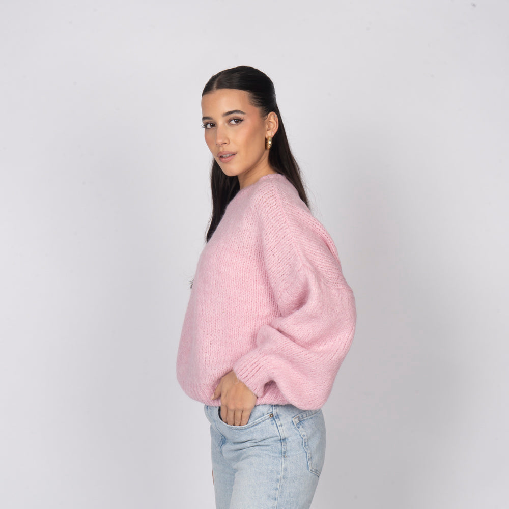 Woman wearing a pink sweater and light blue jeans on a plain background