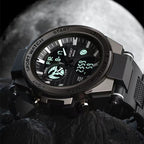 Digital sports watch with a detailed face against a dark background