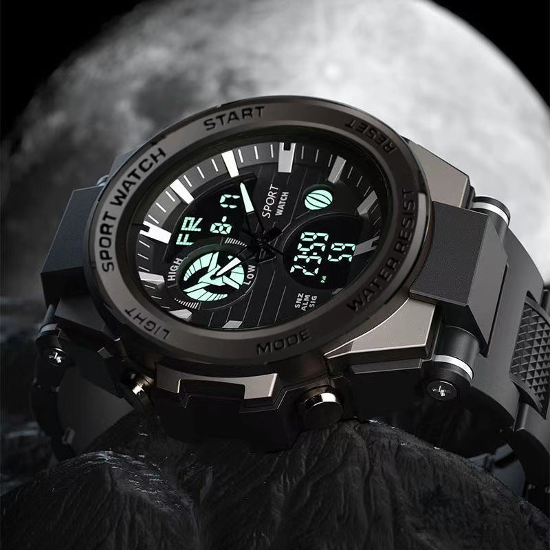 Digital sports watch with a detailed face against a dark background