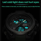 Digital watch with blue LED display on a dark background