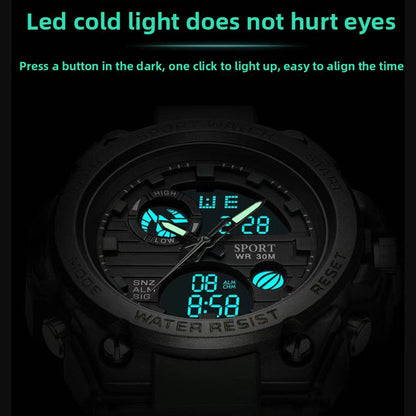 Digital watch with blue LED display on a dark background