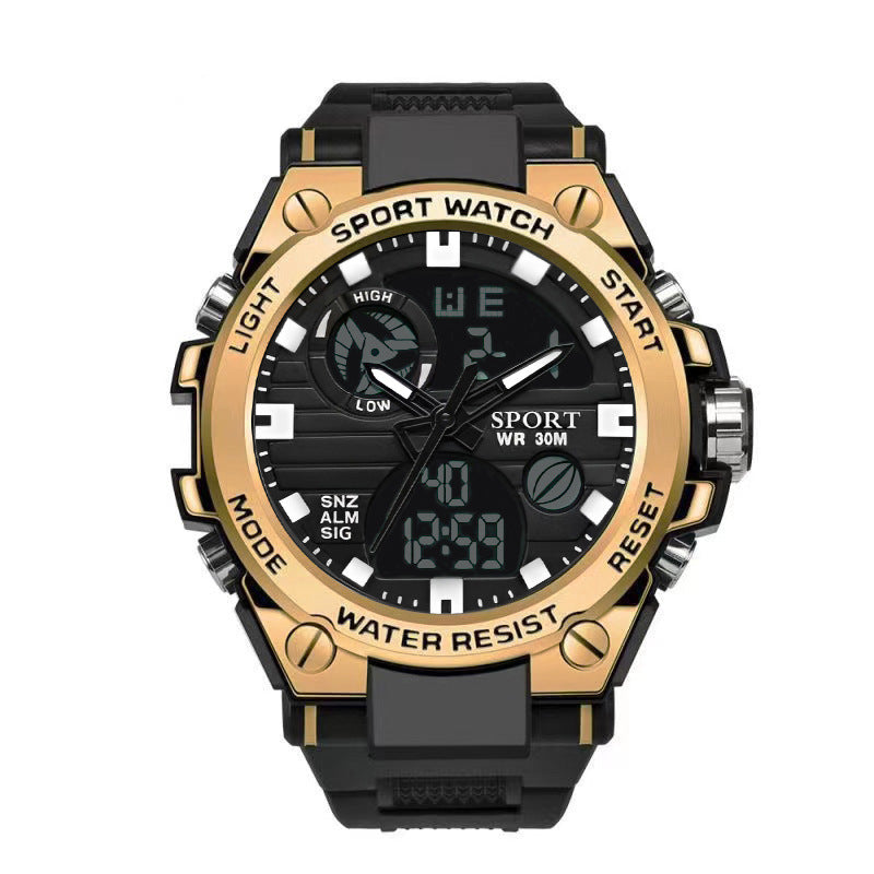 Gold and black sport watch on a white background