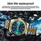 Gold and silver watch with blue face on a water-themed background