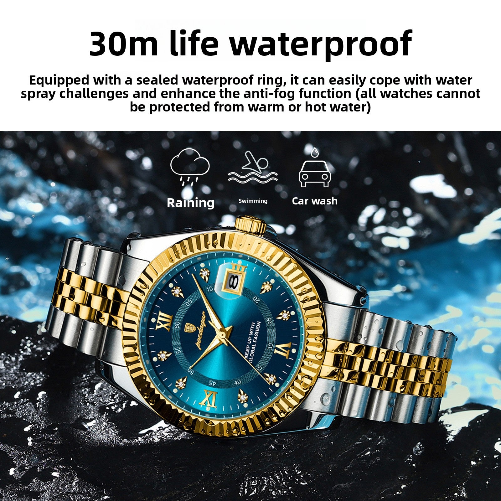 Gold and silver watch with blue face on a water-themed background