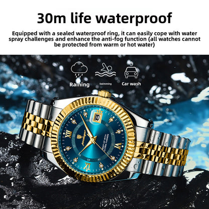 Gold and silver watch with blue face on a water-themed background