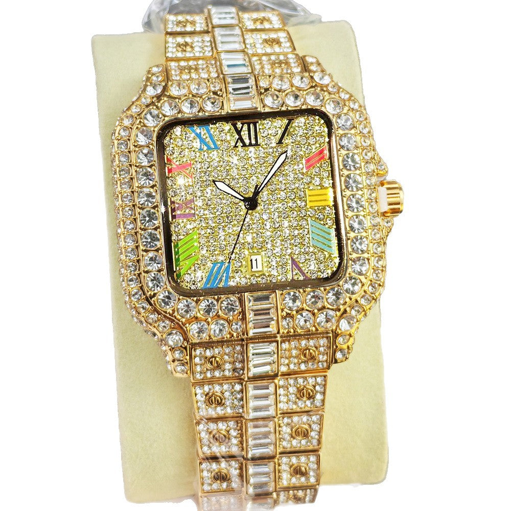 Luxury gold watch with gemstones on a light background