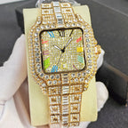 Luxury gold watch with gemstones on a yellow cushion