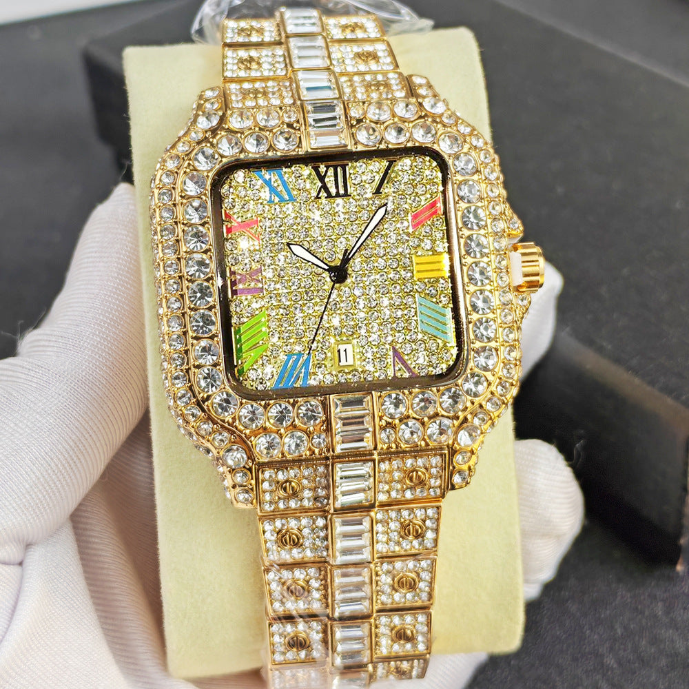 Luxury gold watch with gemstones on a yellow cushion